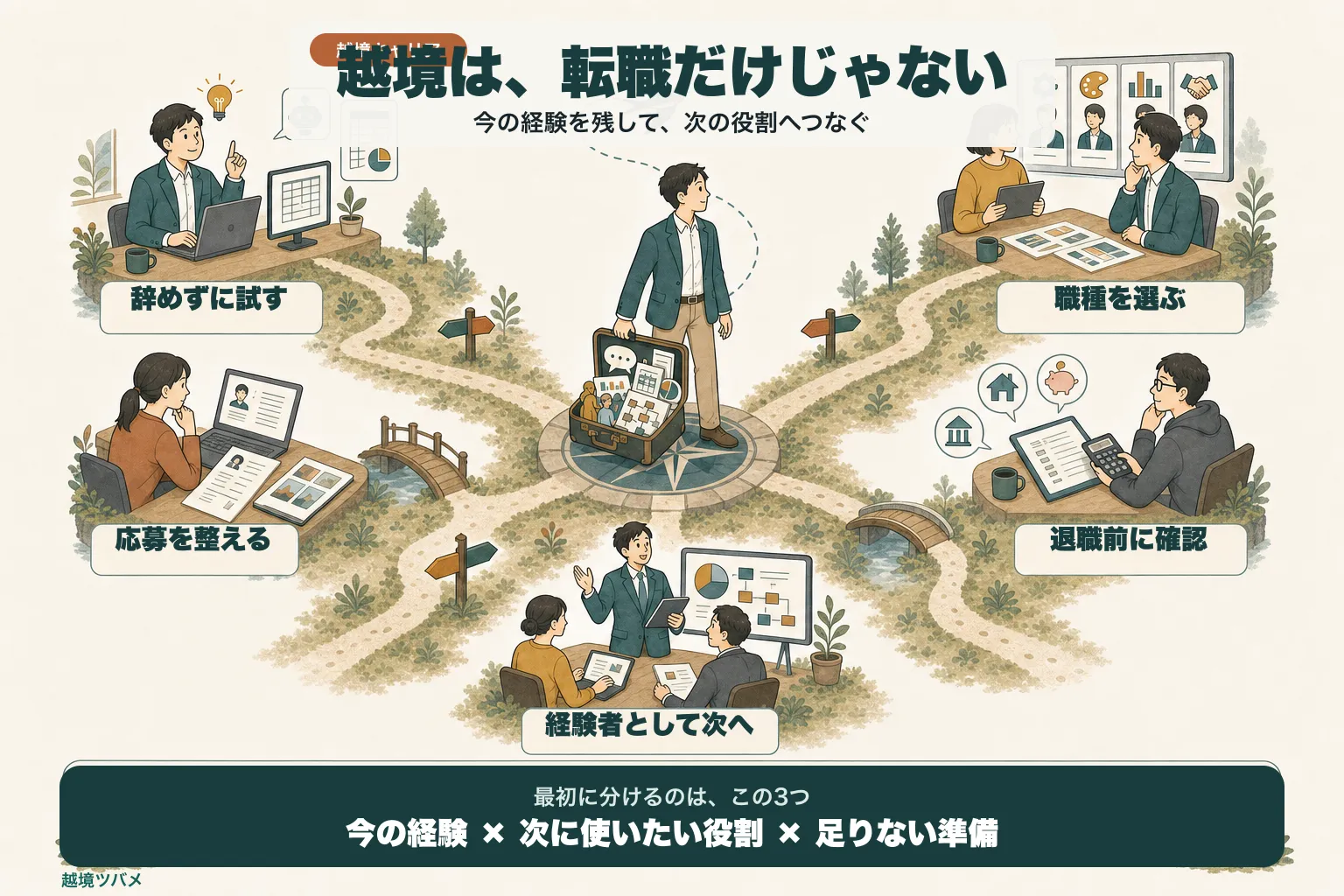 越境キャリアを、今の職場で試す、職種を選ぶ、応募準備をする、退職前にお金と手続きを確認する、経験者として次へ進む5段階で示す図解