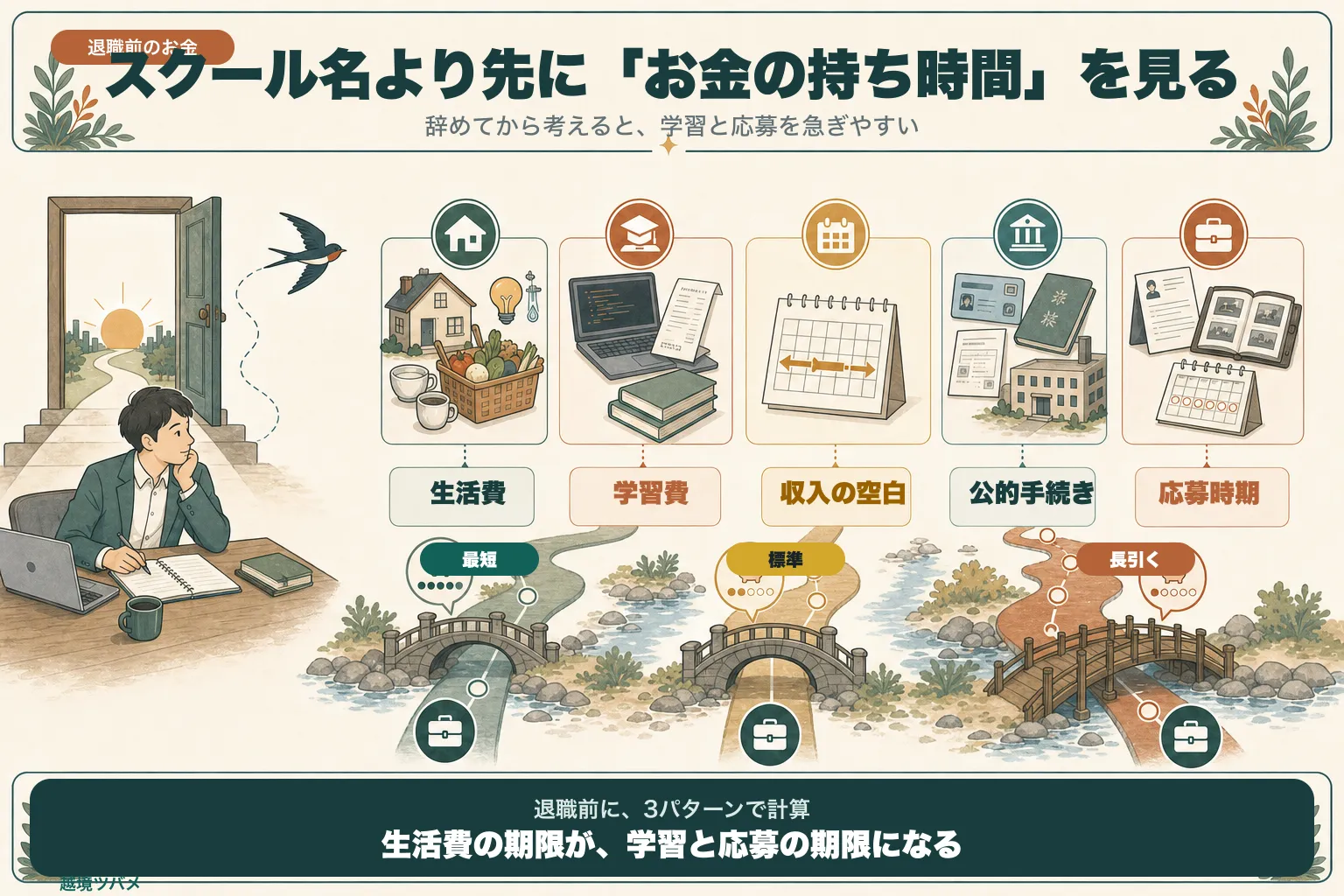 退職して学び直す前に、生活費、学習費、収入がない期間、公的手続き、申込時期の5項目を確認する図解