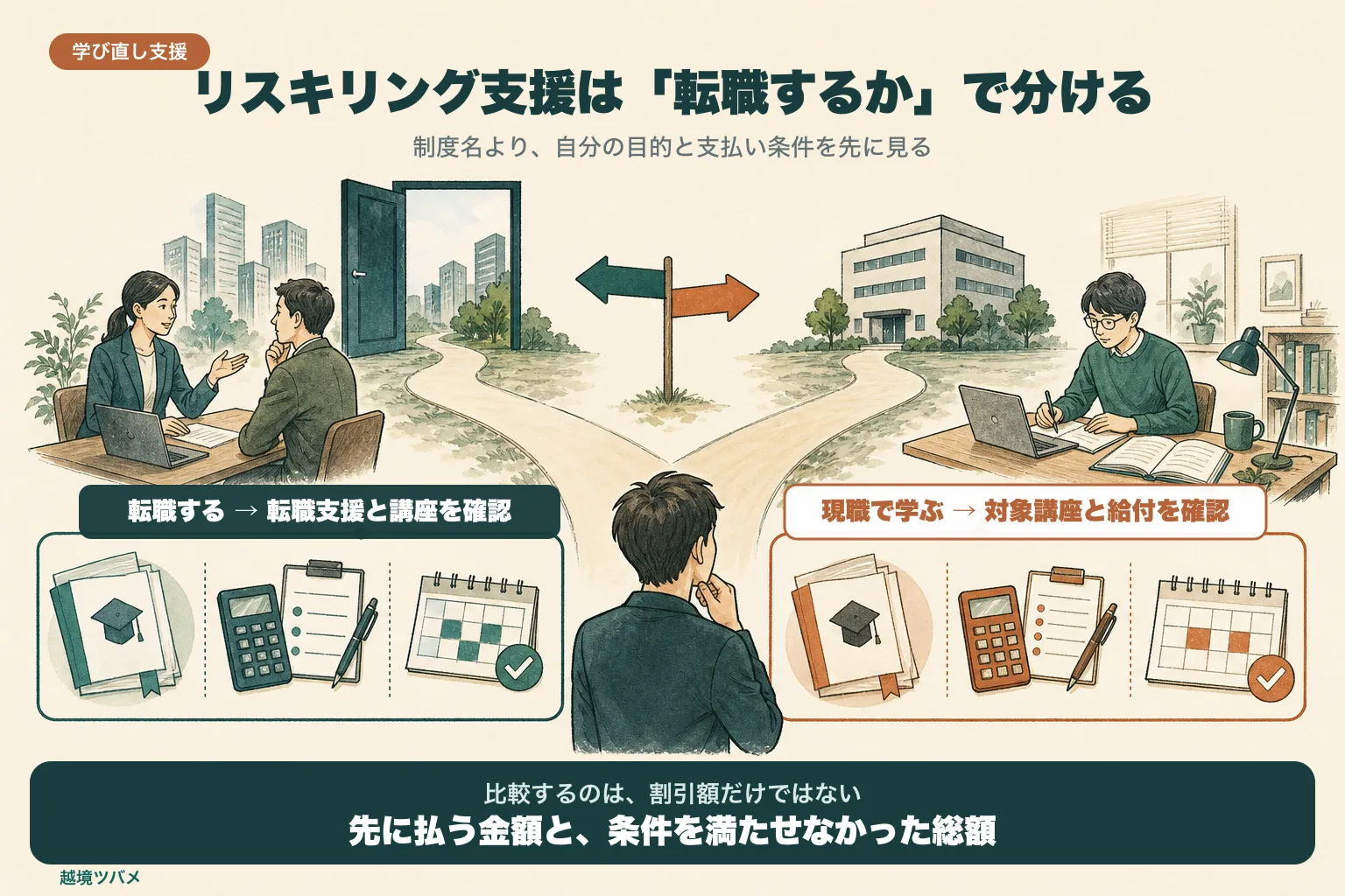 リスキリング支援を、転職する場合と現職で学ぶ場合に分け、先に払う金額と条件未達時の総額を確認する図解